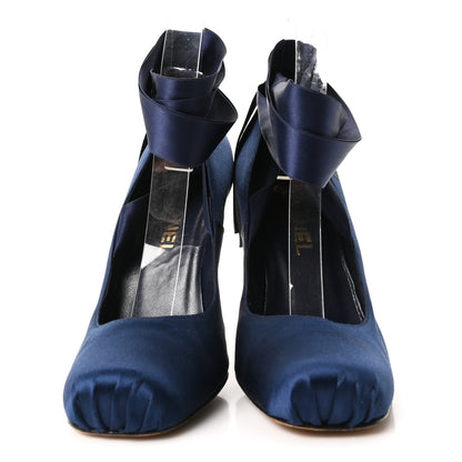 Chanel Satin Ankle Wrap Pumps 39 Navy 3 of 8