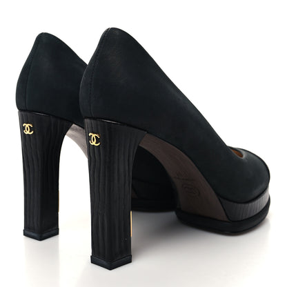 Chanel Wax Suede Wood Pumps 38 Black Brown 4 of 9