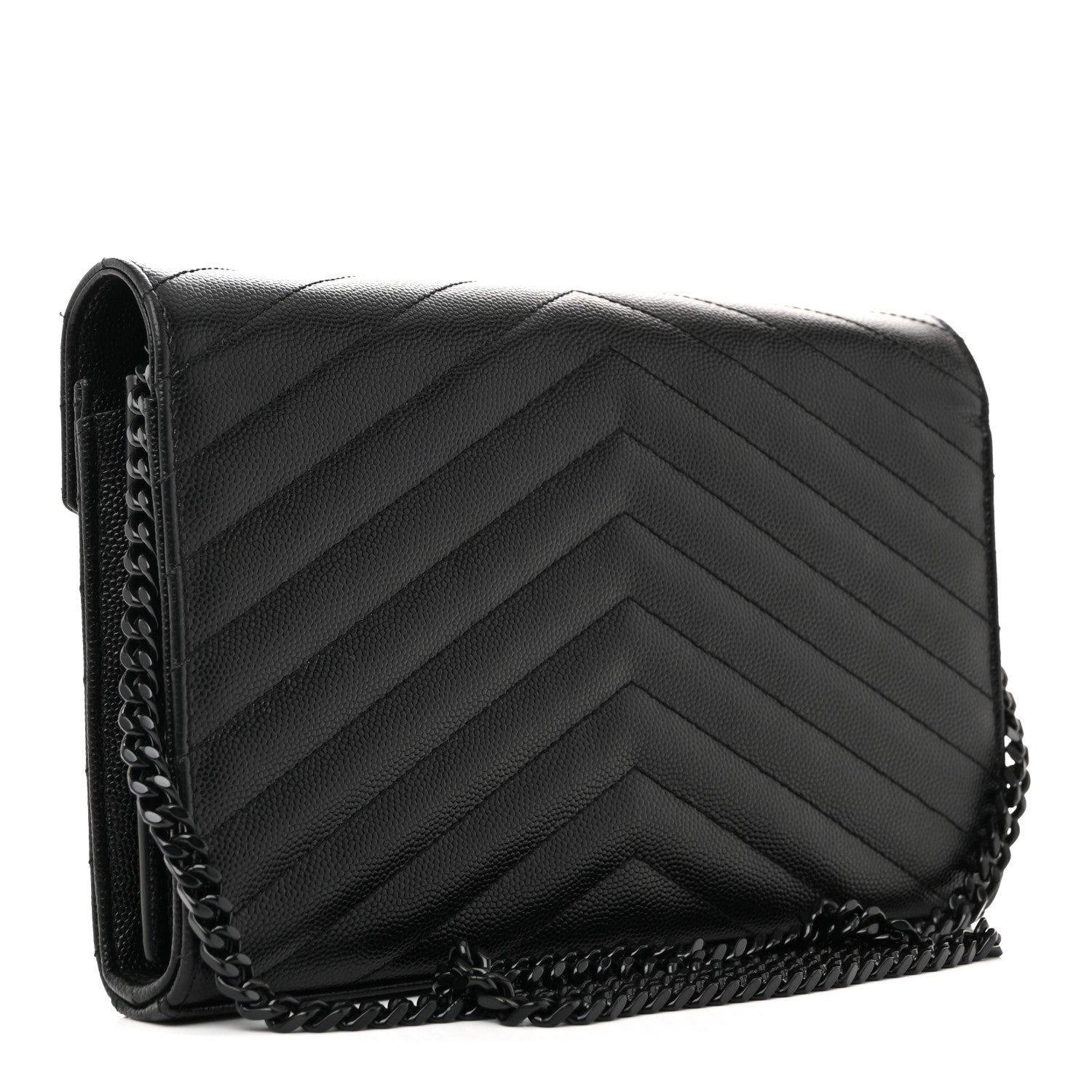Saint Laurent Grain De Poudre Matelasse Chevron Monogram Monochrome Chain Wallet Black 3 of 12