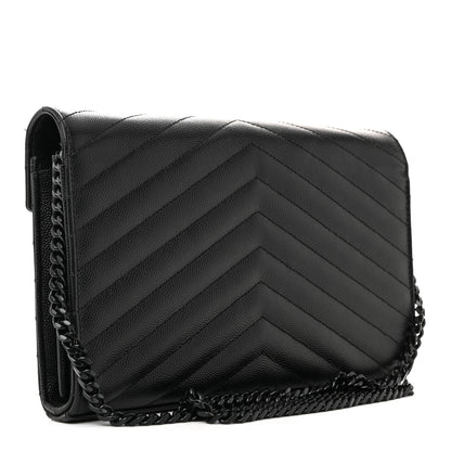 Saint Laurent Grain De Poudre Matelasse Chevron Monogram Monochrome Chain Wallet Black 3 of 12