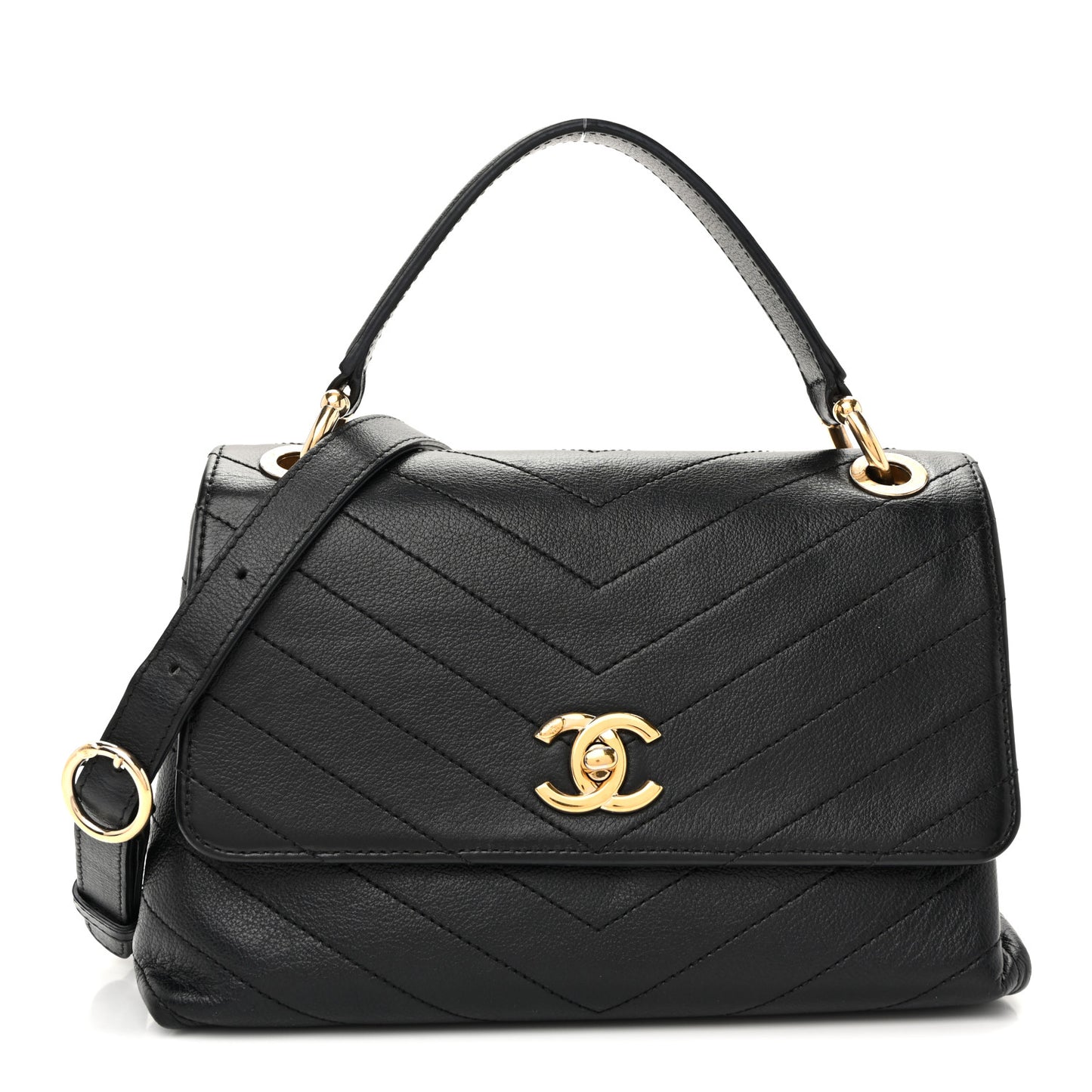 Grained Calfskin Small Chevron Chic Top Handle Flap Black