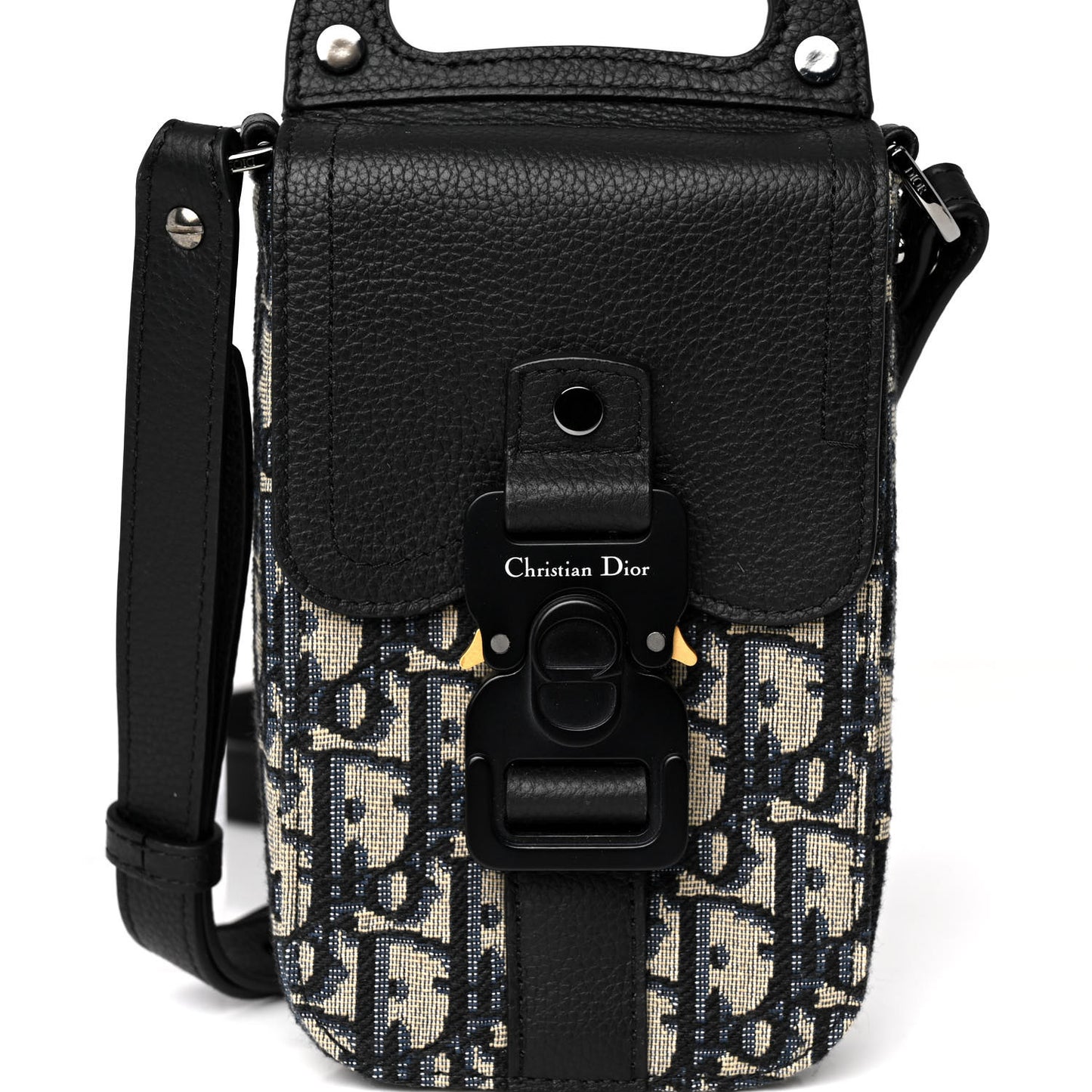 Oblique Grained Calfskin Vertical Saddle Pouch With Strap Beige Black