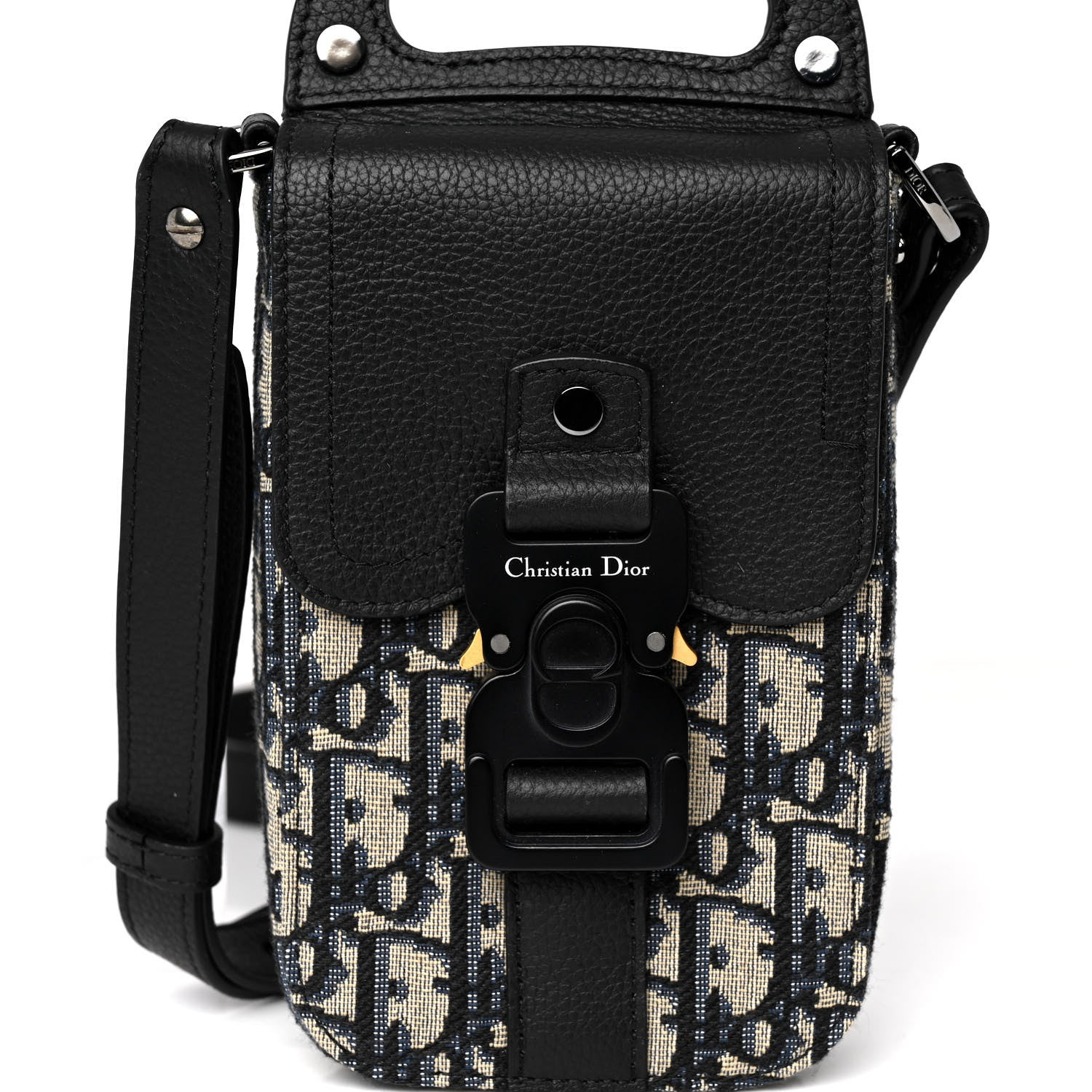 Christian Dior Oblique Grained Calfskin Vertical Saddle Pouch With Strap Beige Black 8 of 11