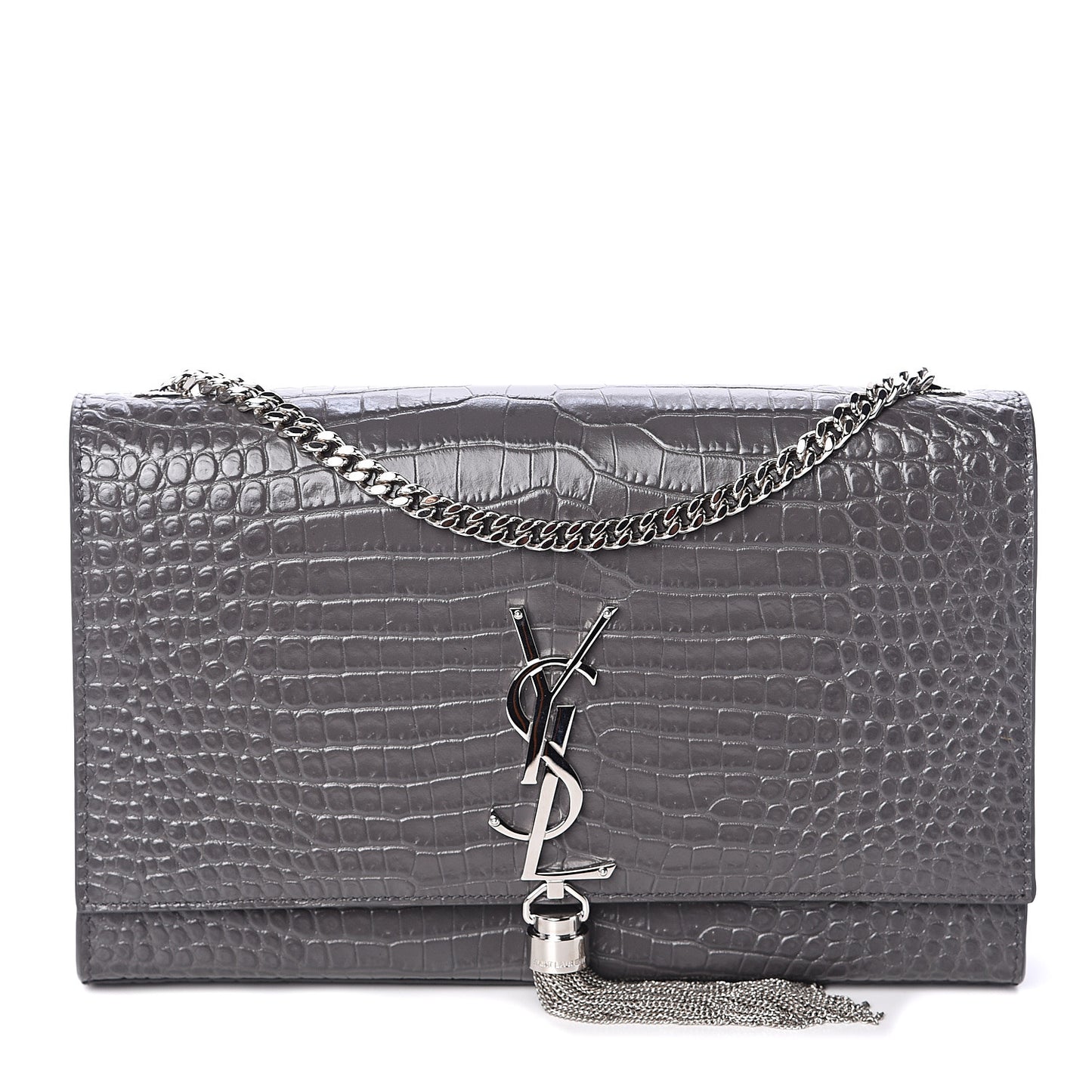 Calfskin Crocodile Embossed Medium Classic Monogram Kate Tassel Satchel Storm