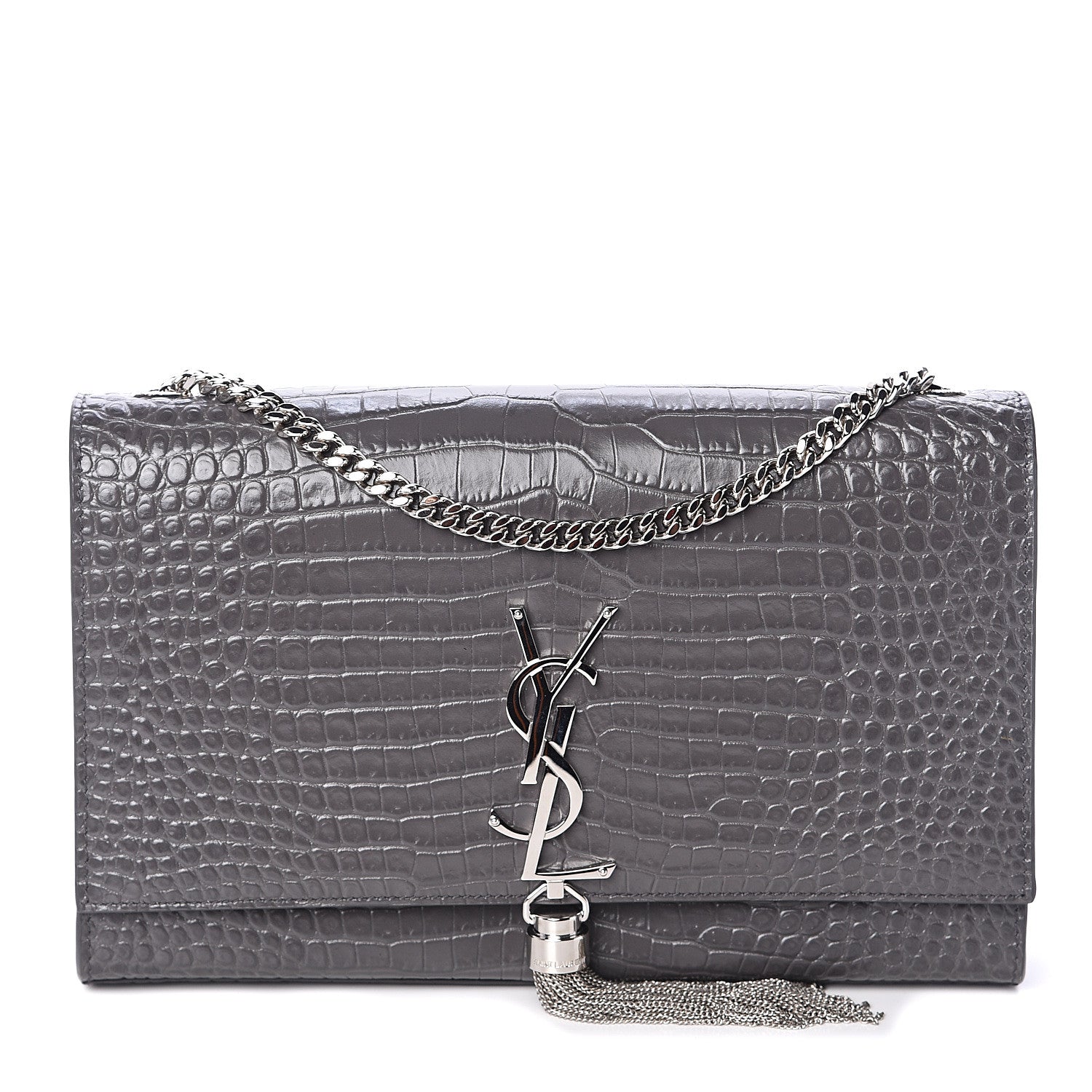 Saint Laurent Calfskin Crocodile Embossed Medium Classic Monogram Kate Tassel Satchel Storm 1 of 8