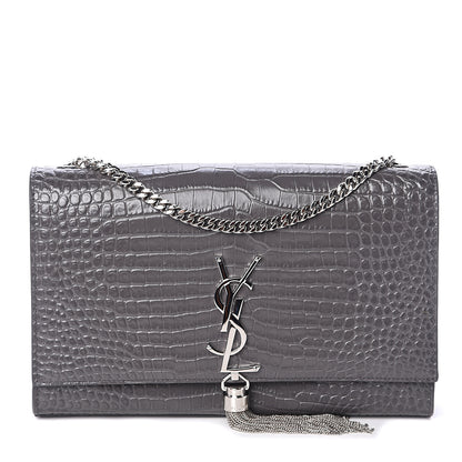Saint Laurent Calfskin Crocodile Embossed Medium Classic Monogram Kate Tassel Satchel Storm 1 of 8