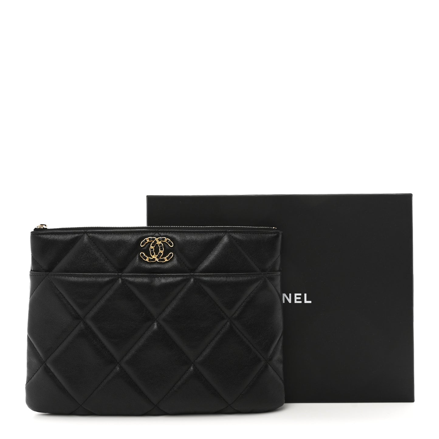 Goatskin Quilted Chanel 19 Pouch Black