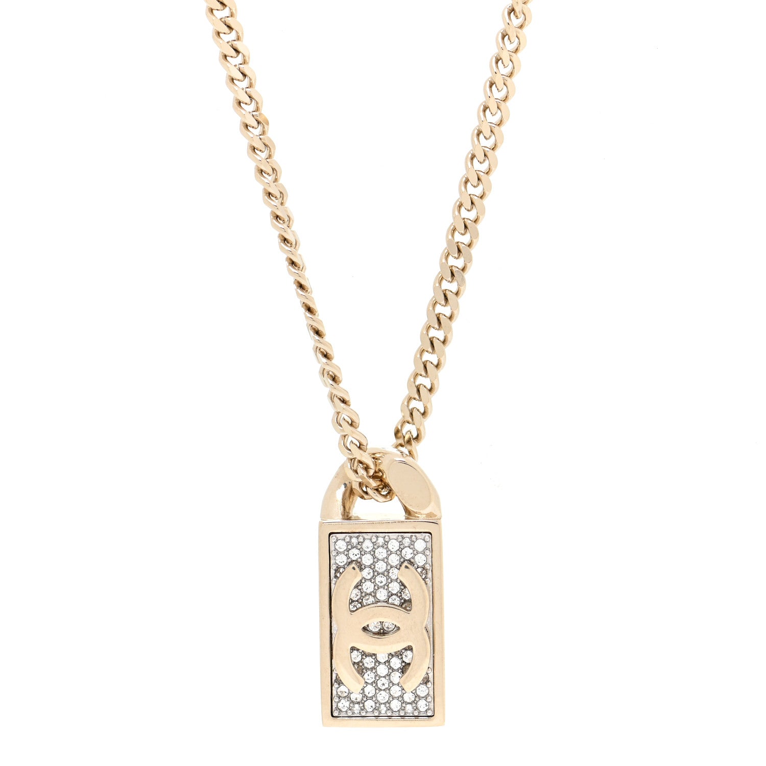 Chanel Crystal Dog Tag Charm Necklace Gold 4 of 5