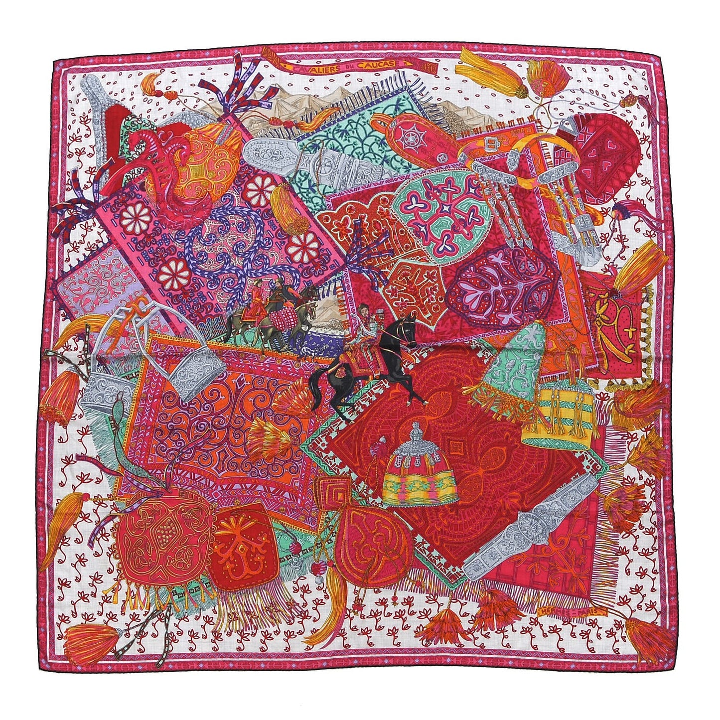 Cashmere Silk Cavaliers du Caucase Shawl 140 Gris Claire Fuchsia Vert