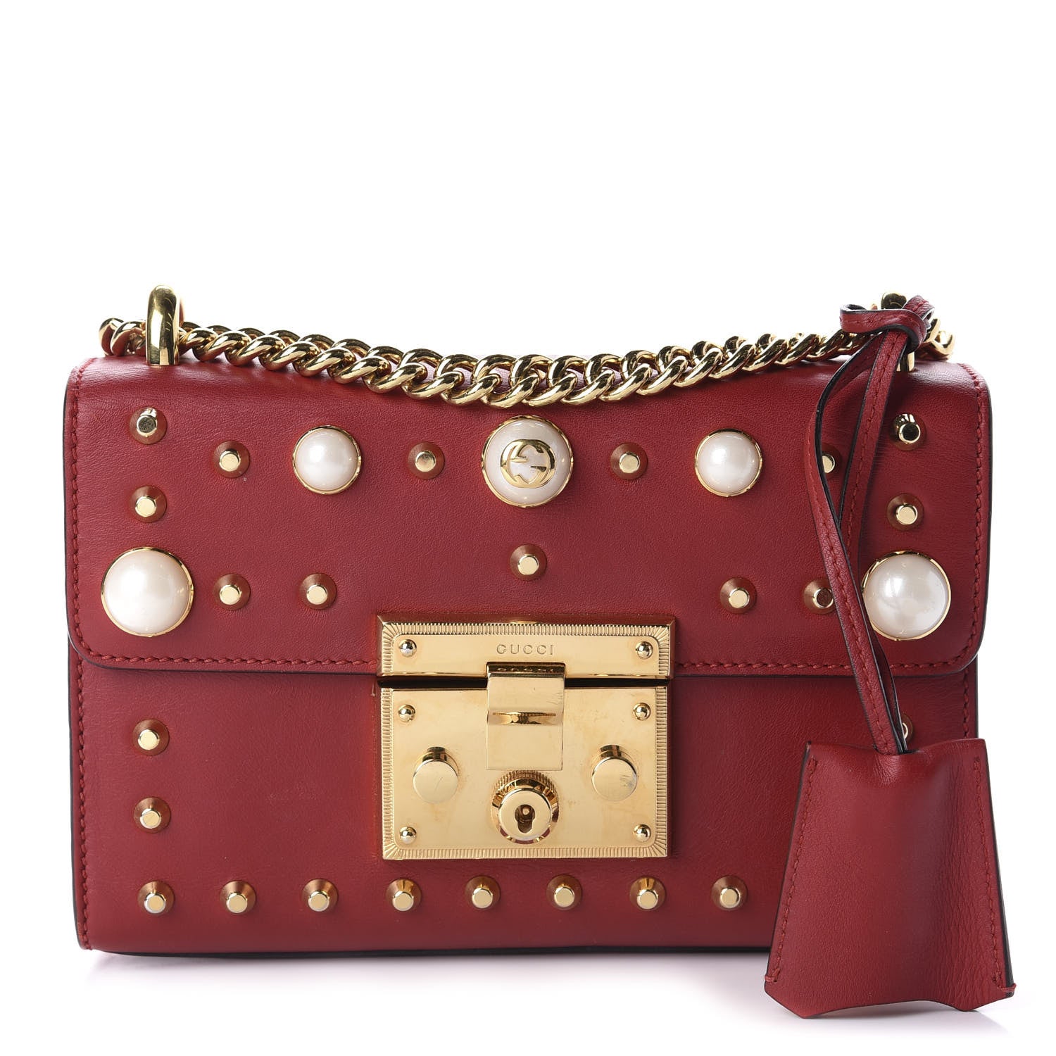 Gucci Calfskin Studded Small Padlock Shoulder Bag Hibiscus Red 1 of 12