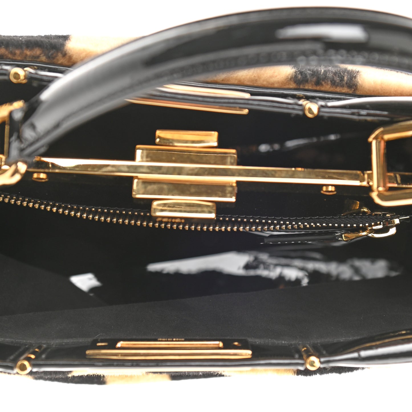 Shearling Vitello Vernice Mou Pequin Striped Medium Peekaboo Iconic Satchel Tobacco Black