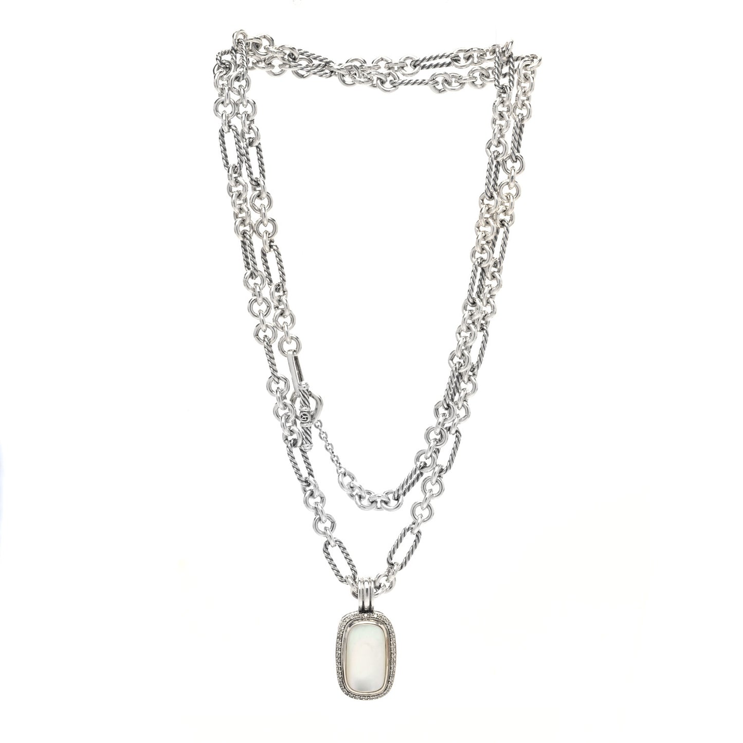 Sterling Silver Diamond Mother of Pearl Enhancer Pendant Figaro Chain Necklace