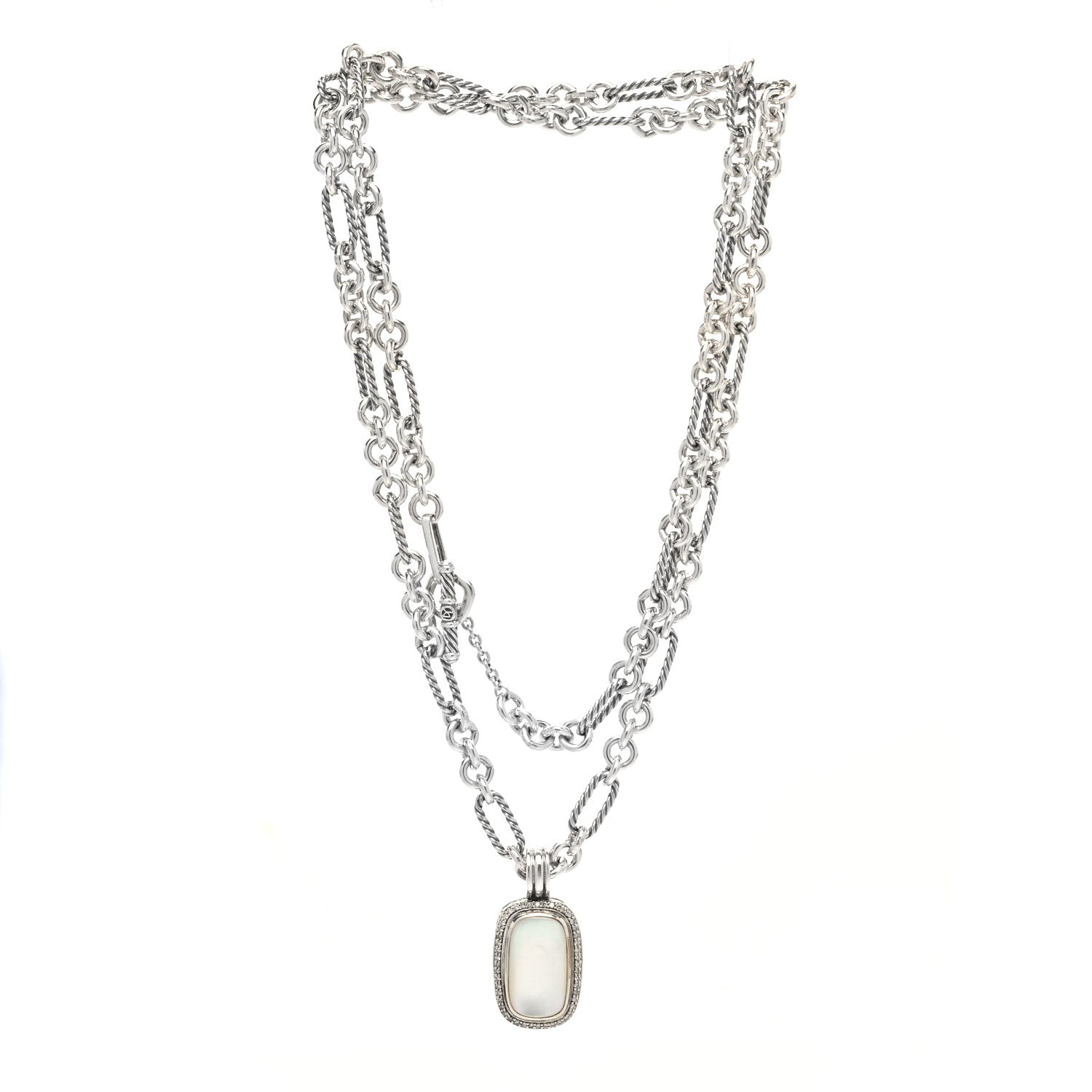 David Yurman Sterling Silver Diamond Mother of Pearl Enhancer Pendant Figaro Chain Necklace 2 of 5