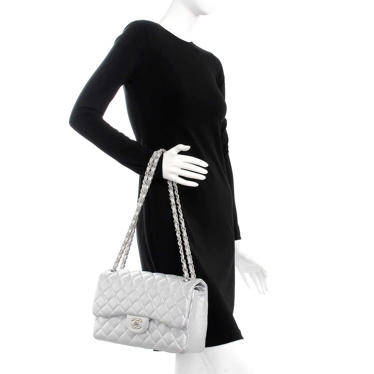 Metallic Perforated Lambskin Quilted Jumbo Double Flap Light Silver