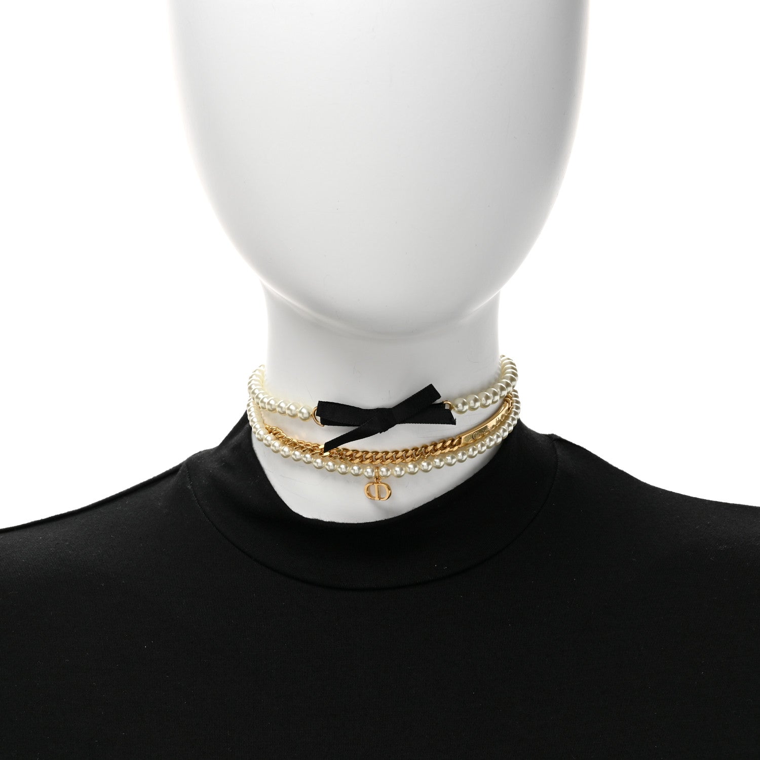 Christian Dior Metal Pearl Satin Le Noeud de Dior Choker Necklace Gold Black 2 of 5