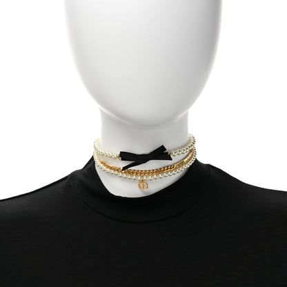 Christian Dior Metal Pearl Satin Le Noeud de Dior Choker Necklace Gold Black 2 of 5