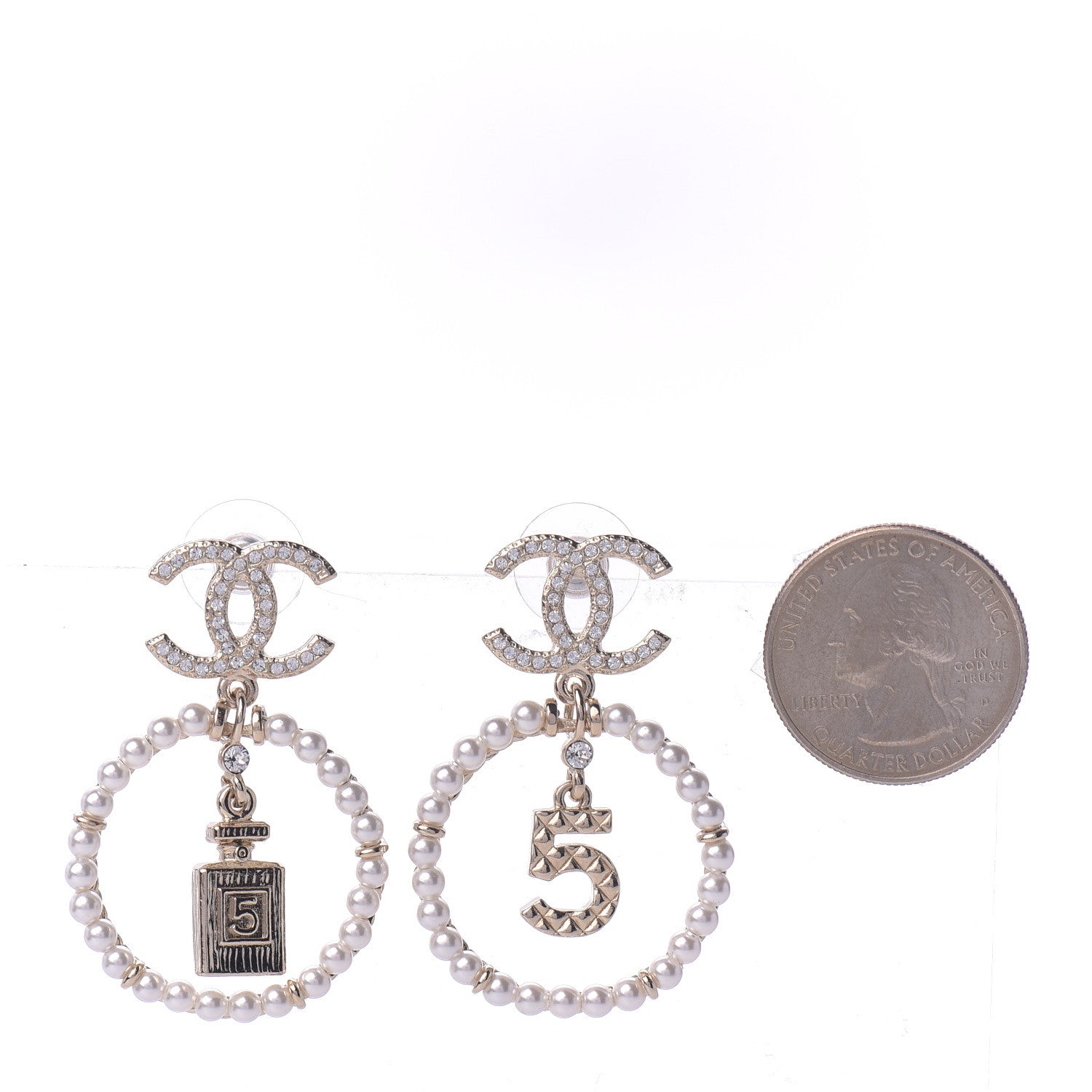 Chanel Crystal Pearl Charms CC Drop Earrings Gold 2 of 5
