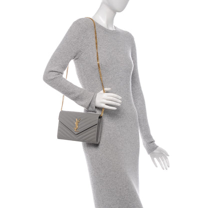 Saint Laurent Grain De Poudre Matelasse Chevron Monogram Chain Wallet Oyster Grey 2 of 8