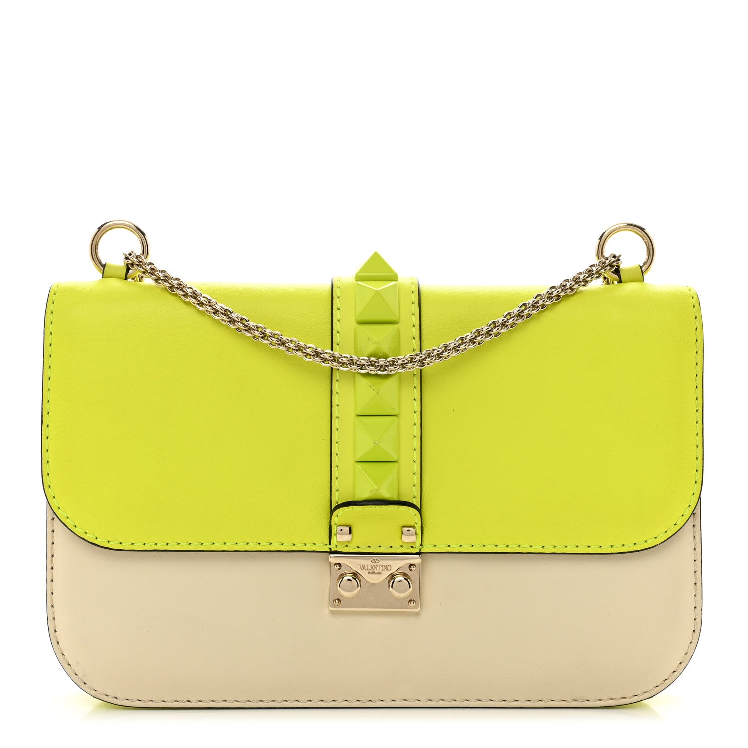 Valentino Garavani Vitello Medium Glam Lock Rockstud Flap Yellow Fluo Light Ivory 1 of 11