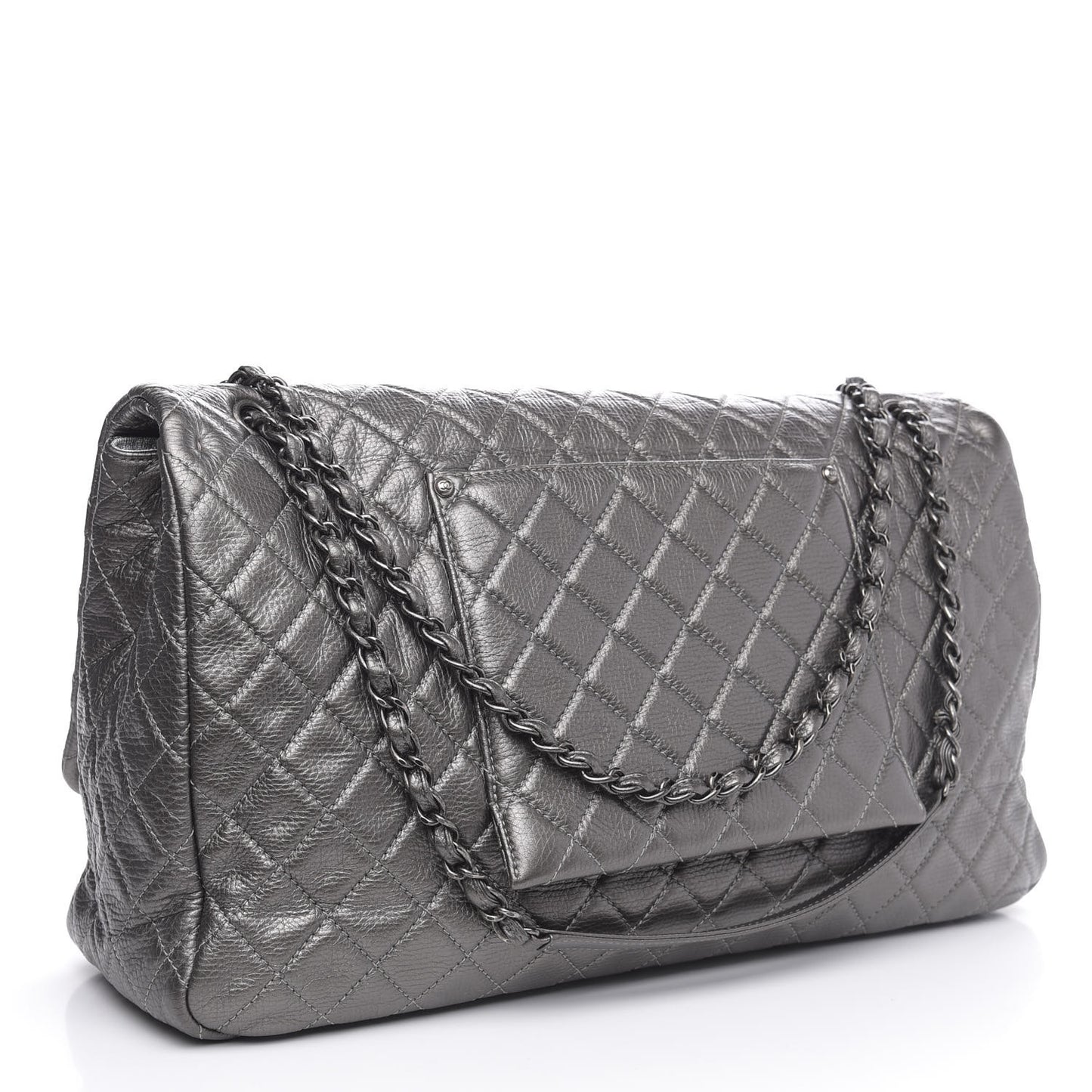 Metallic Calfskin Quilted XXL Travel Flap Bag Dark Silver