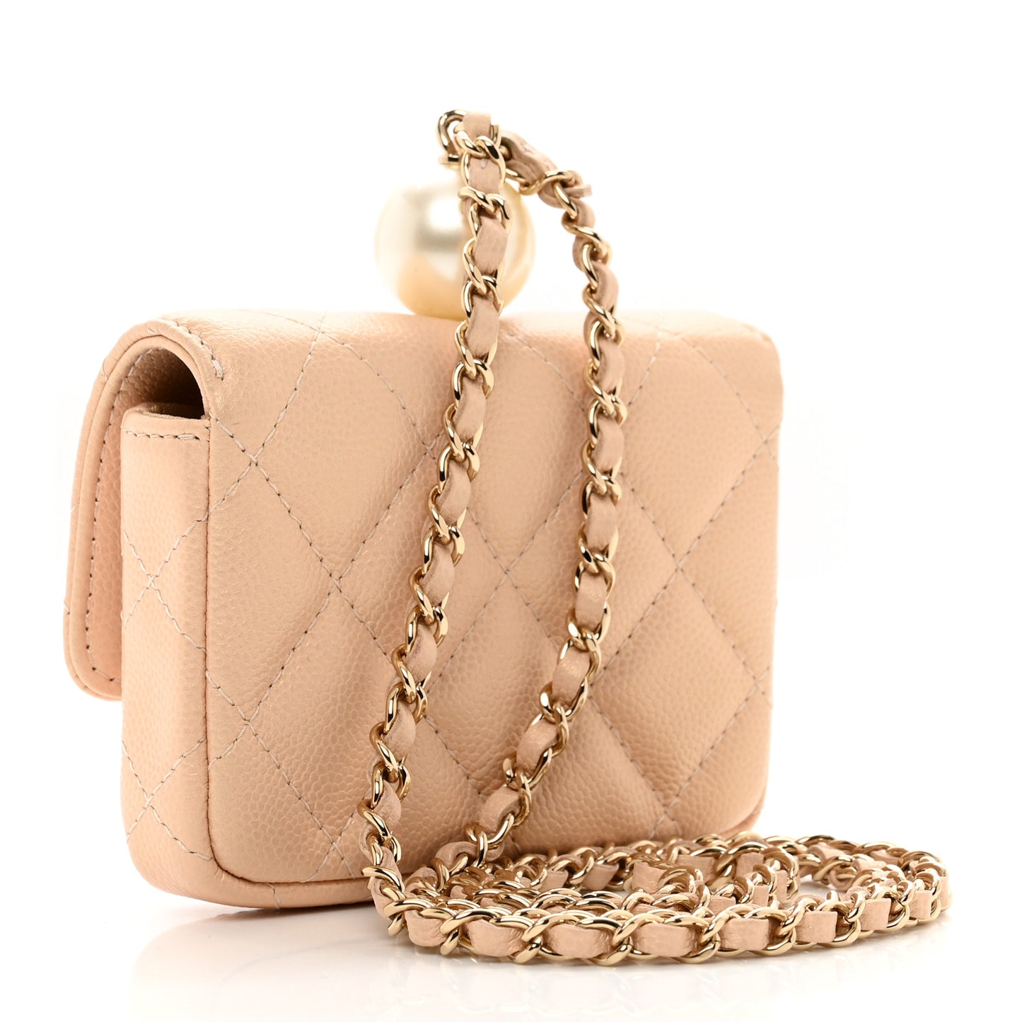 Iridescent Caviar Quilted Pearl Card Holder On Chain Beige