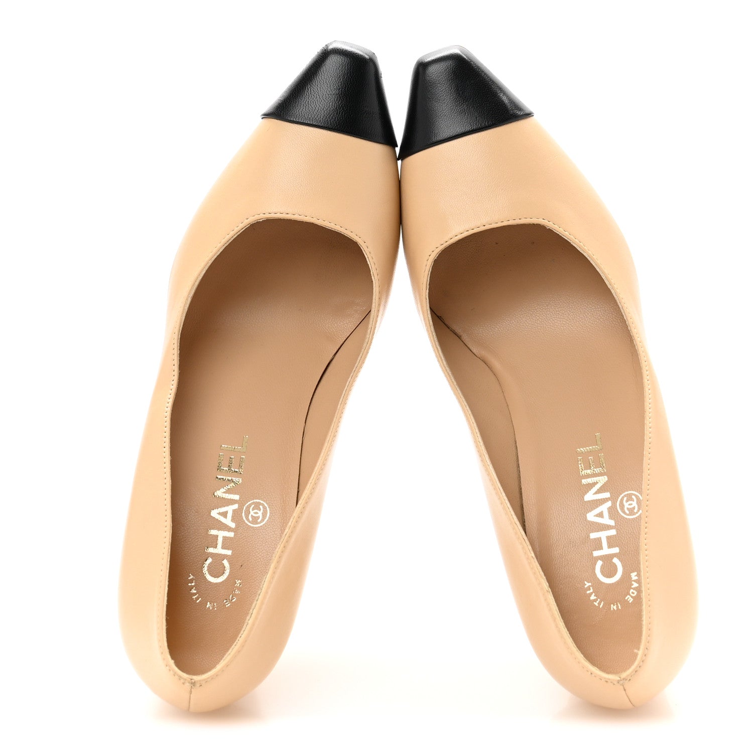 Chanel Lambskin Cap Toe Metal Heel Pumps 37.5 Beige Black 2 of 12