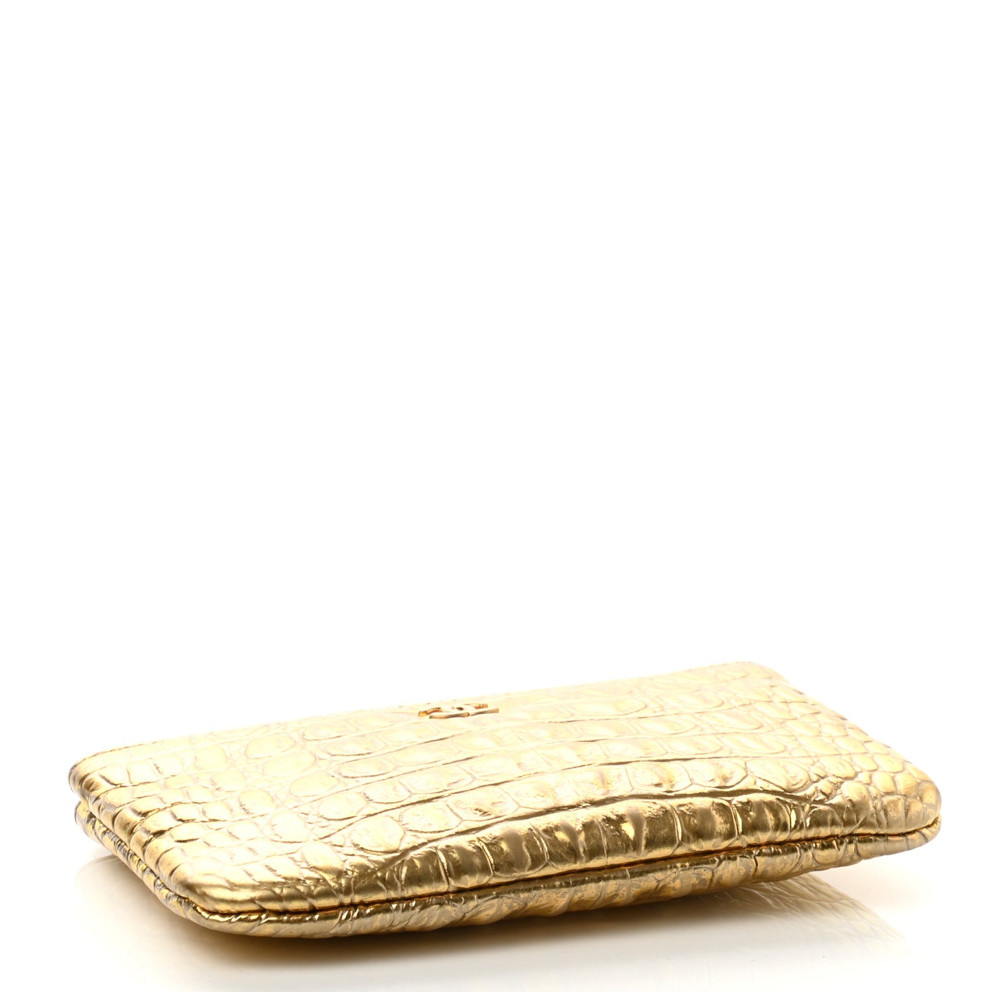 Metallic Calfskin Crocodile Embossed Cocodile Small Cosmetic Case Gold