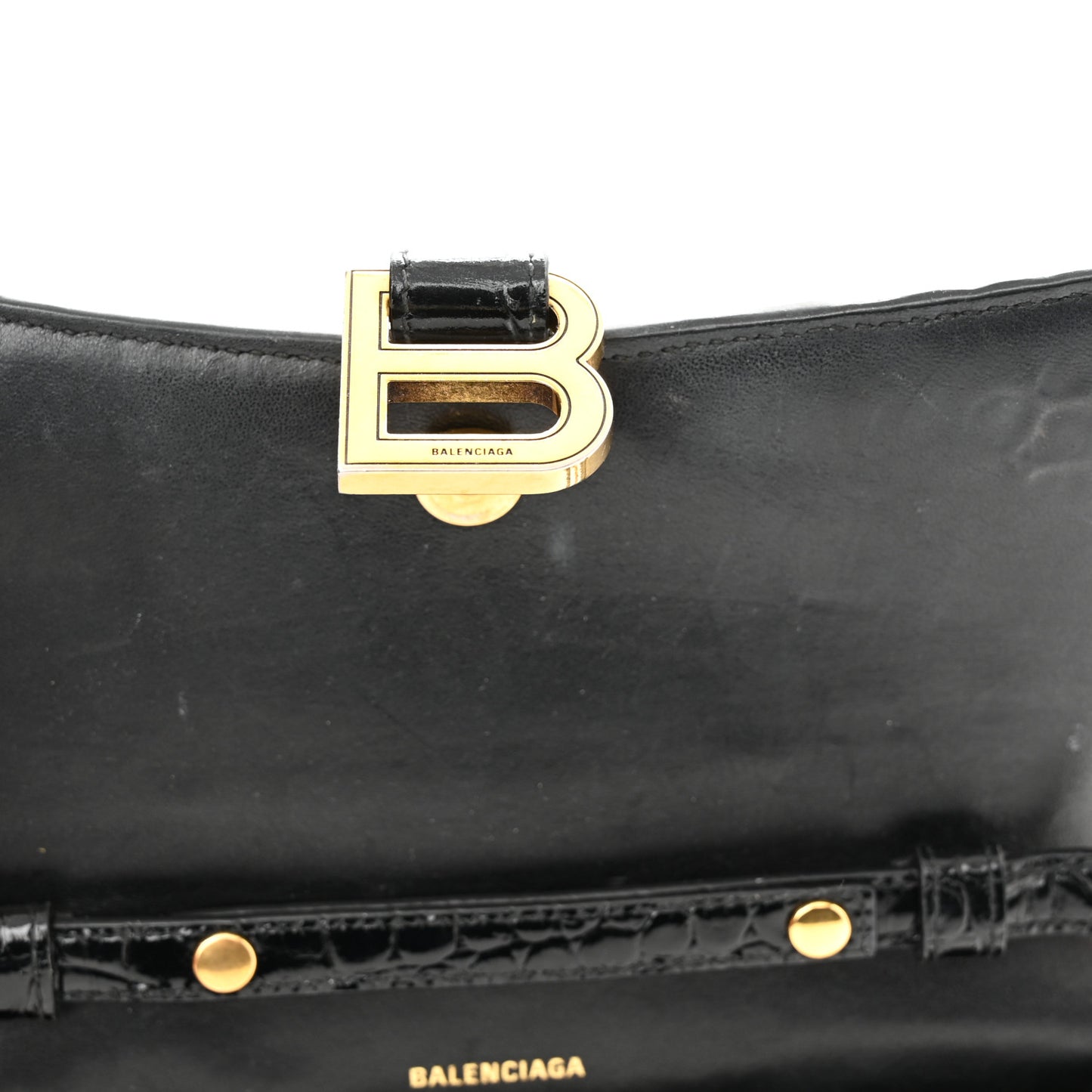 Shiny Calfskin Crocodile Embossed Hourglass Chain Bag Black