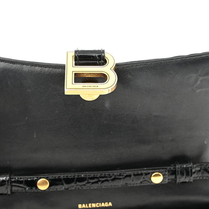 Balenciaga Shiny Calfskin Crocodile Embossed Hourglass Chain Bag Black 10 of 11