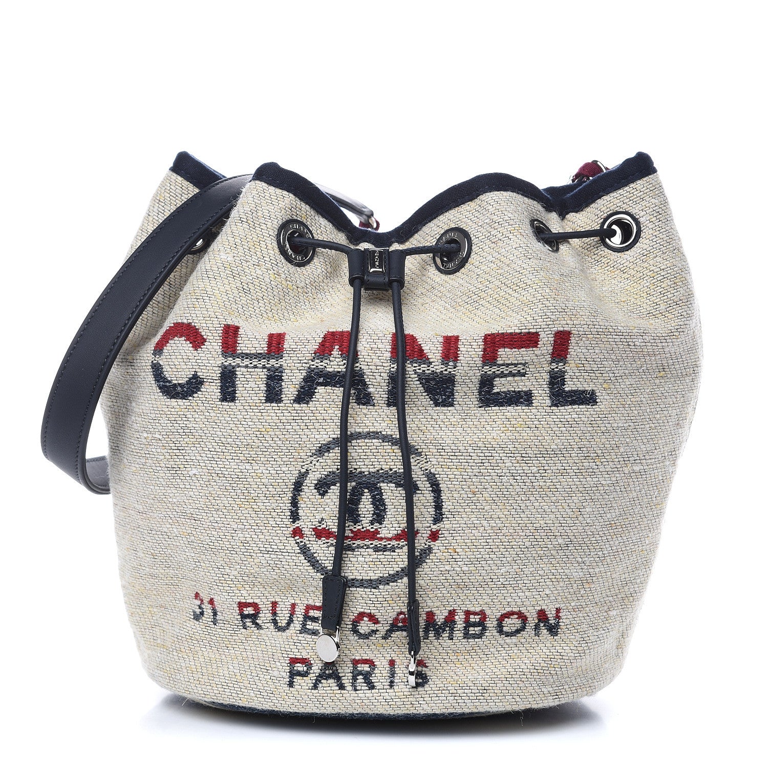 Chanel Striped Canvas Deauville Drawstring Bag Beige 1 of 9