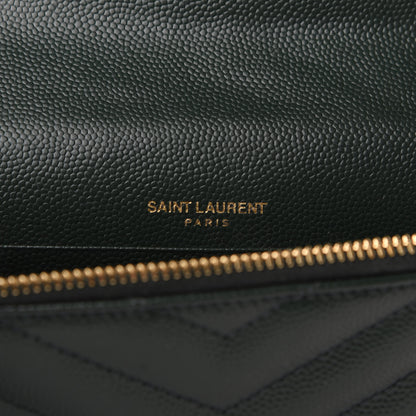 Saint Laurent Grain De Poudre Matelasse Chevron Monogram Envelope Chain Wallet Dark Green 8 of 9