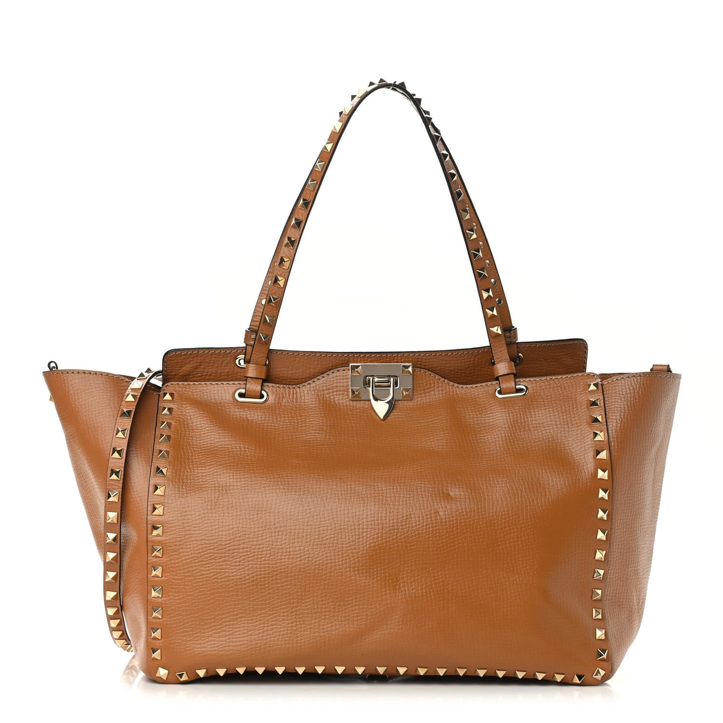 Textured Calfskin Medium Rockstud Tote Camel