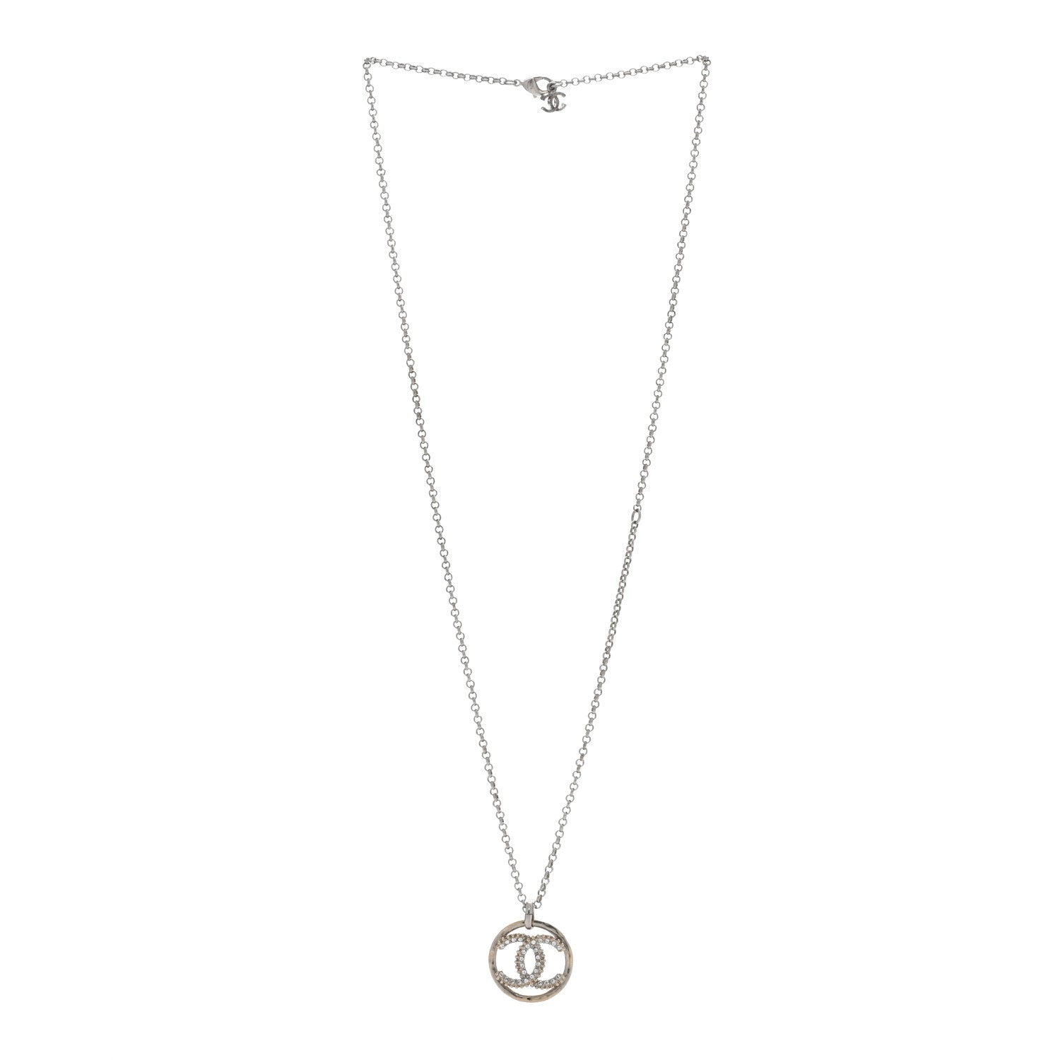 Chanel Crystal CC Medallion Pendant Necklace Silver 3 of 4