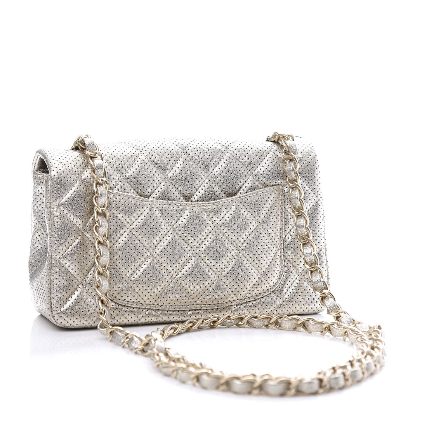 Metallic Lambskin Perforated Mini Rectangular Flap Light Gold