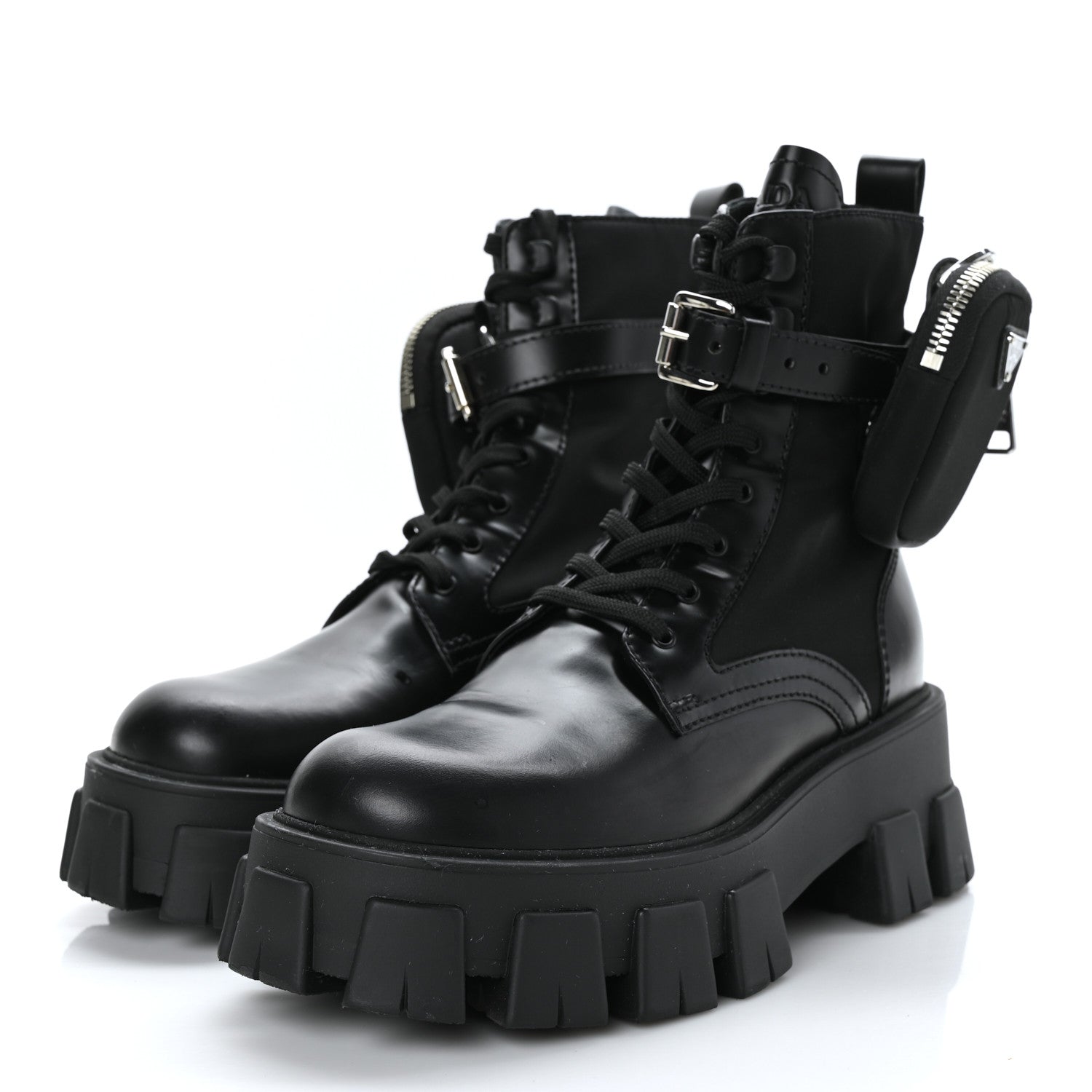 Prada Spazzolato Rois Nylon Metal Triangle Logo Monolith Pouch Pocket 55mm Boots 37.5 Black 2 of 9