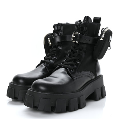 Prada Spazzolato Rois Nylon Metal Triangle Logo Monolith Pouch Pocket 55mm Boots 37.5 Black 2 of 9