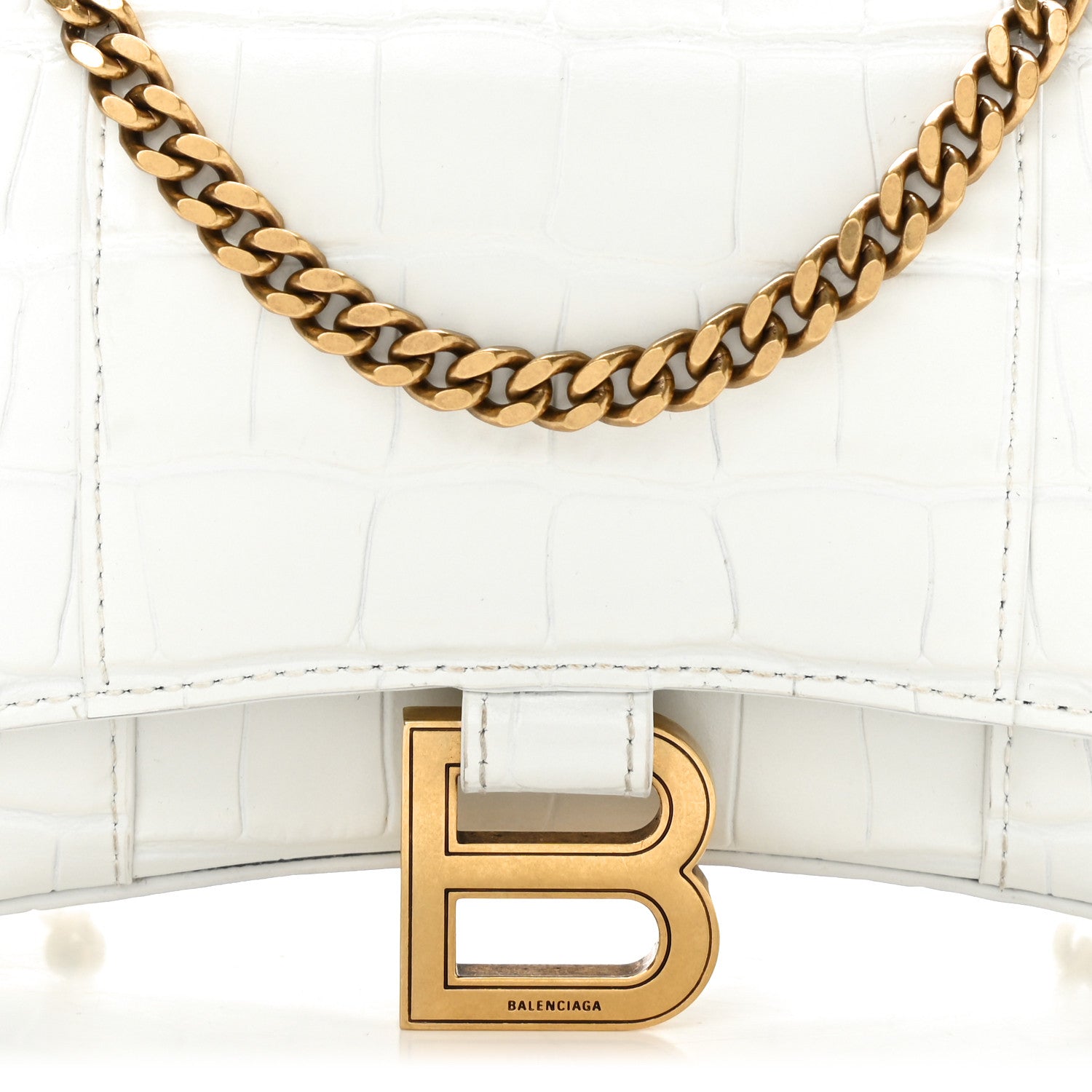 Balenciaga Shiny Calfskin Crocodile Embossed Hourglass Chain Bag White 8 of 11