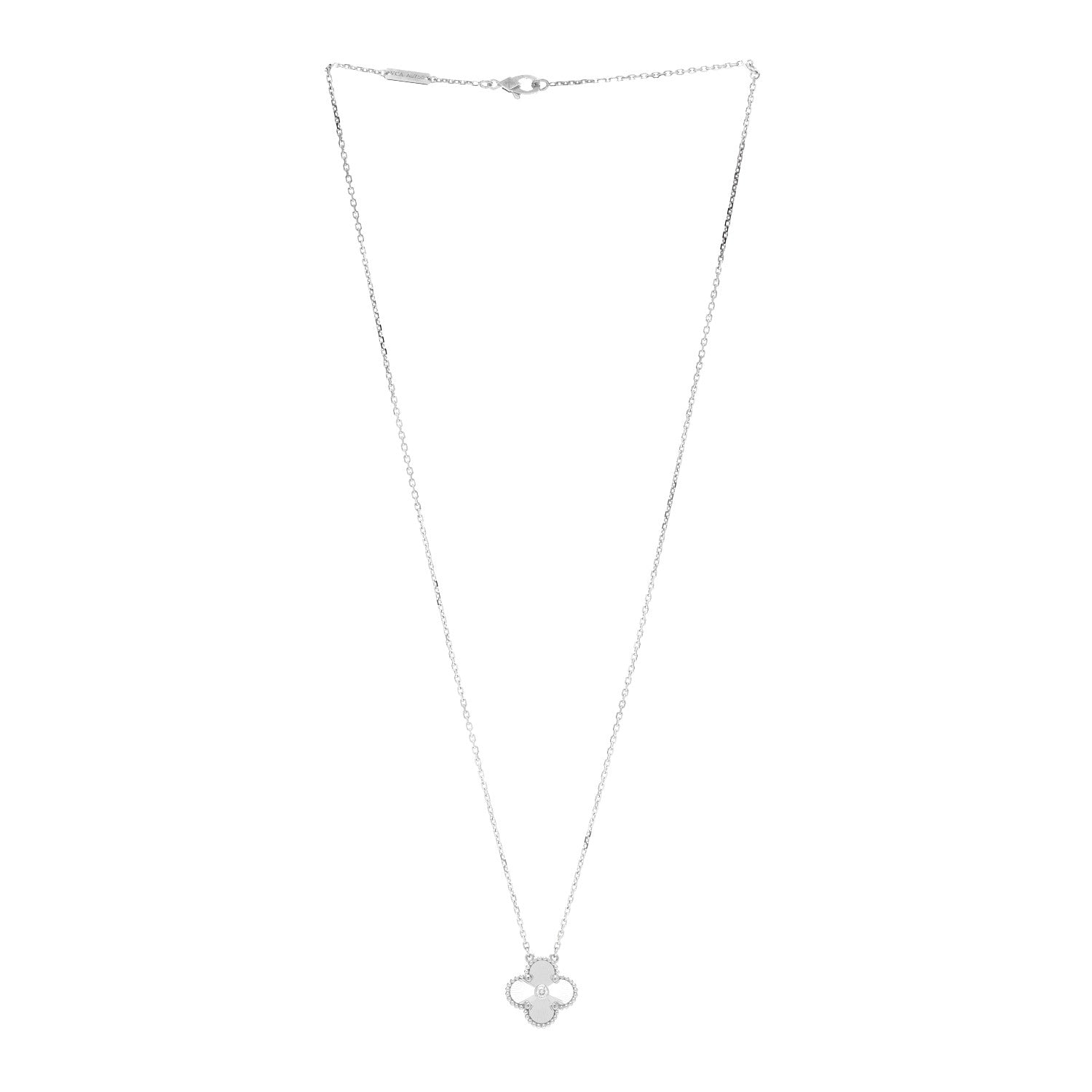 Van Cleef & Arpels 18K White Gold Diamond Guilloche Vintage Alhambra Pendant Necklace 3 of 5