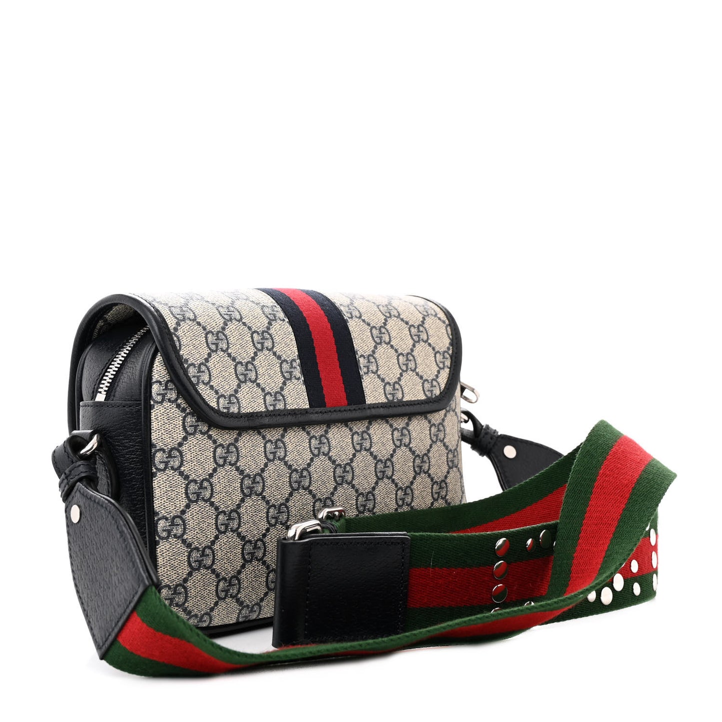 GG Supreme Monogram Textured Dollar Calfskin Web Studded Mini Ophidia Flap Shoulder Bag Beige Blue