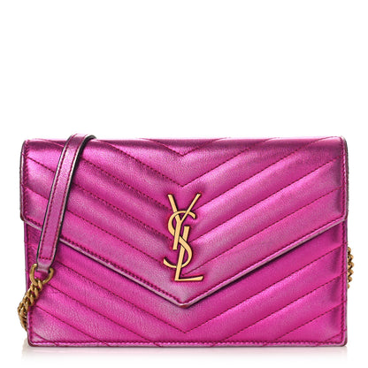 Saint Laurent Metallic Calfskin Matelasse Chevron Monogram Envelope Chain Wallet Fuchsia 1 of 10