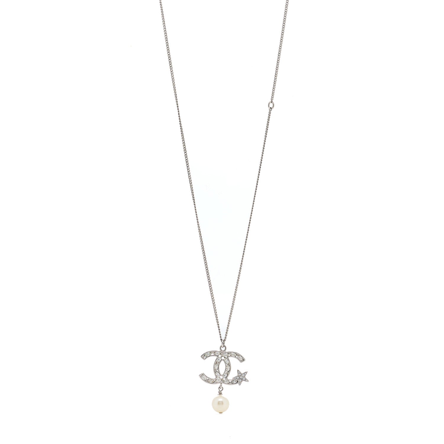 Chanel Crystal CC Star Pearl Drop Necklace Silver 1 of 3