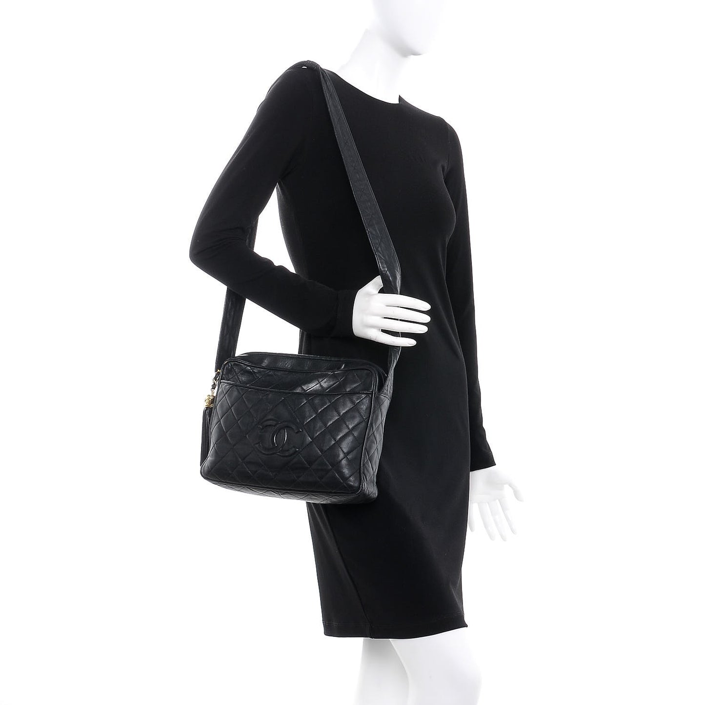 Lambskin Quilted Tassel Camera Case Black