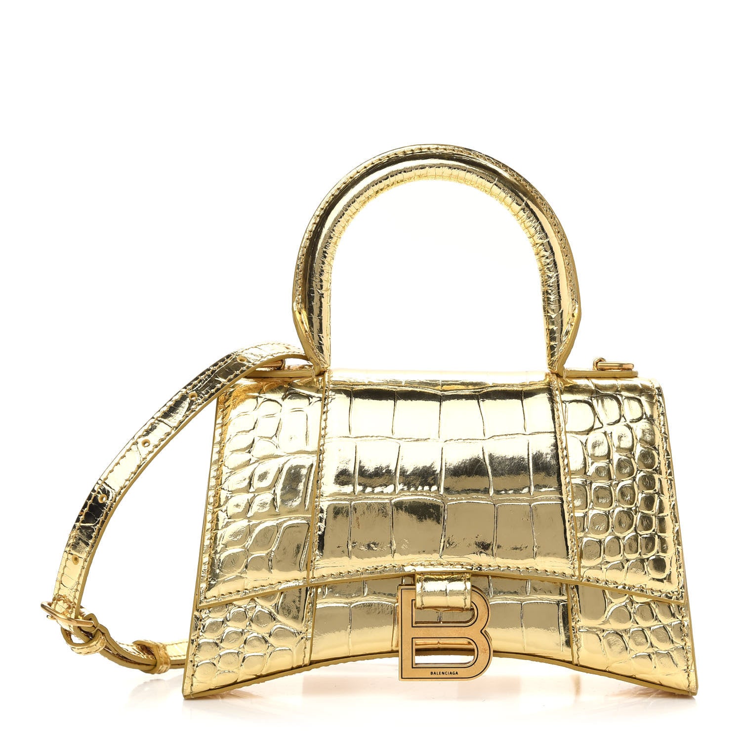 Balenciaga Metallic Calfskin Crocodile Embossed Hourglass Top Handle Bag XS Gold 1 of 9