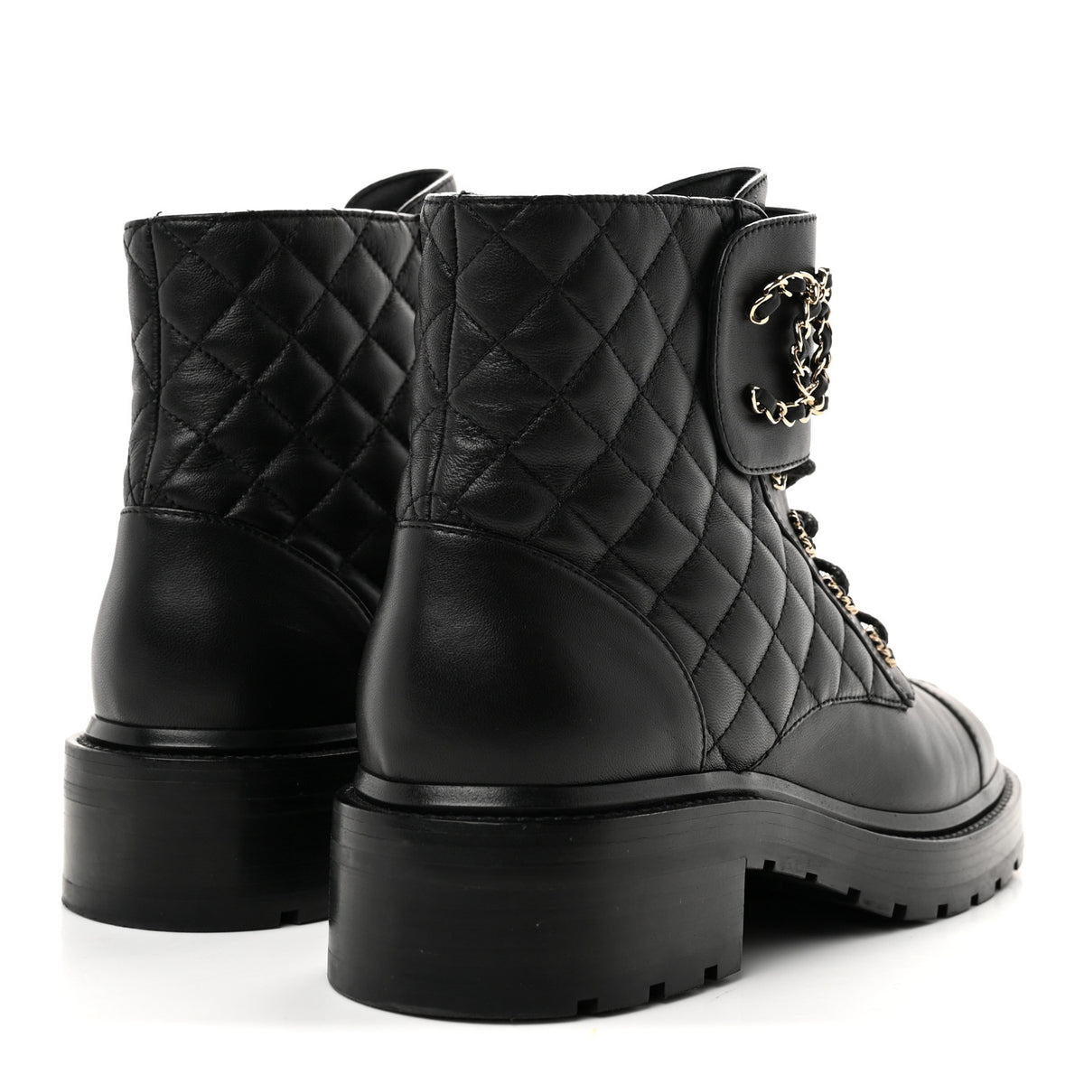 Shiny Lambskin Quilted Lace Up Combat Boots 39 Black