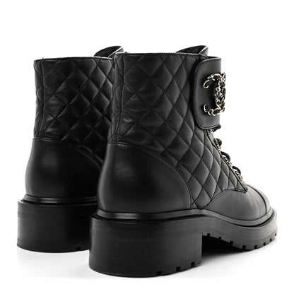 Chanel Shiny Lambskin Quilted Lace Up Combat Boots 39 Black 5 of 9