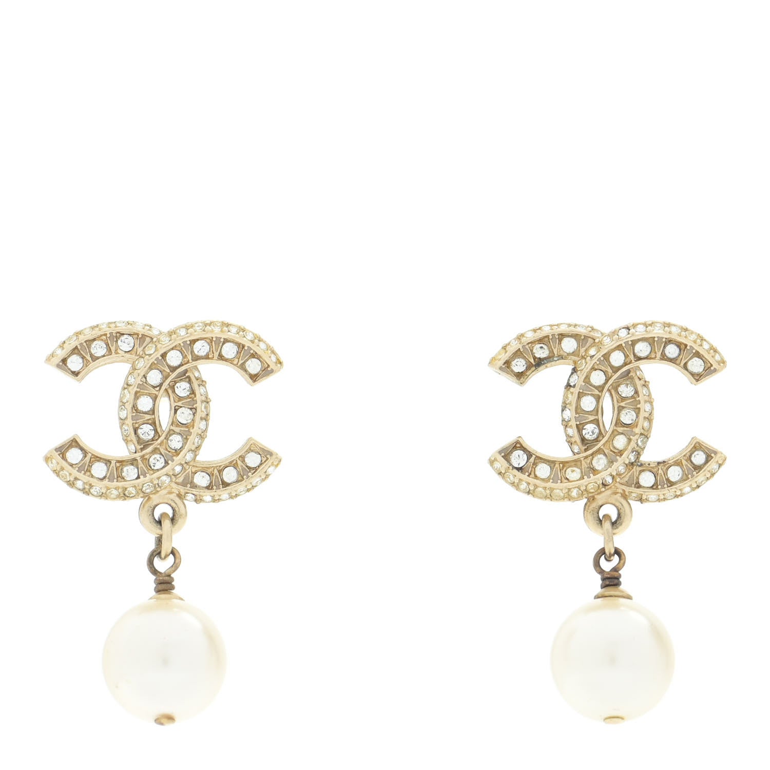 Chanel Crystal Pearl CC Drop Earrings Gold 1 of 6
