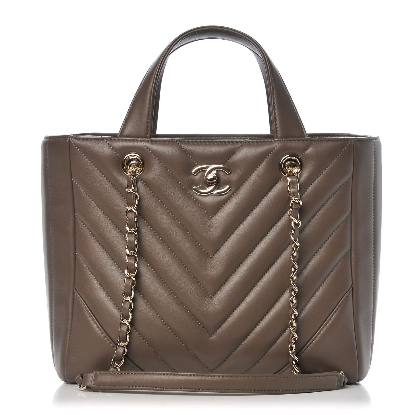 Calfskin Chevron Quilted Small Statement Shopping Tote Khaki