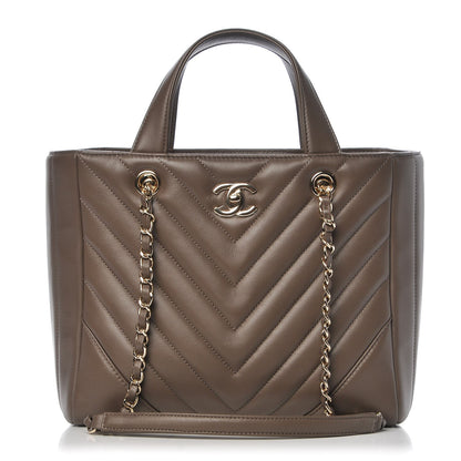 Chanel Calfskin Chevron Quilted Small Statement Shopping Tote Khaki 1 of 8