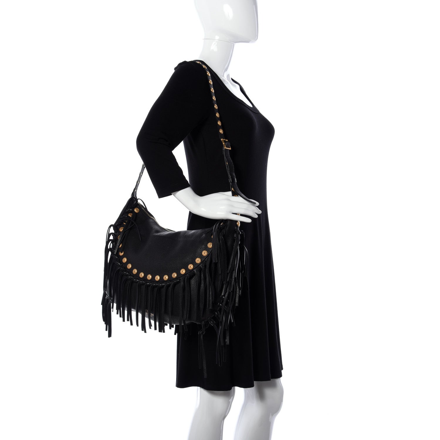 Valentino Garavani Grained Calfskin C-Rockee Fringe Hobo Black 2 of 8
