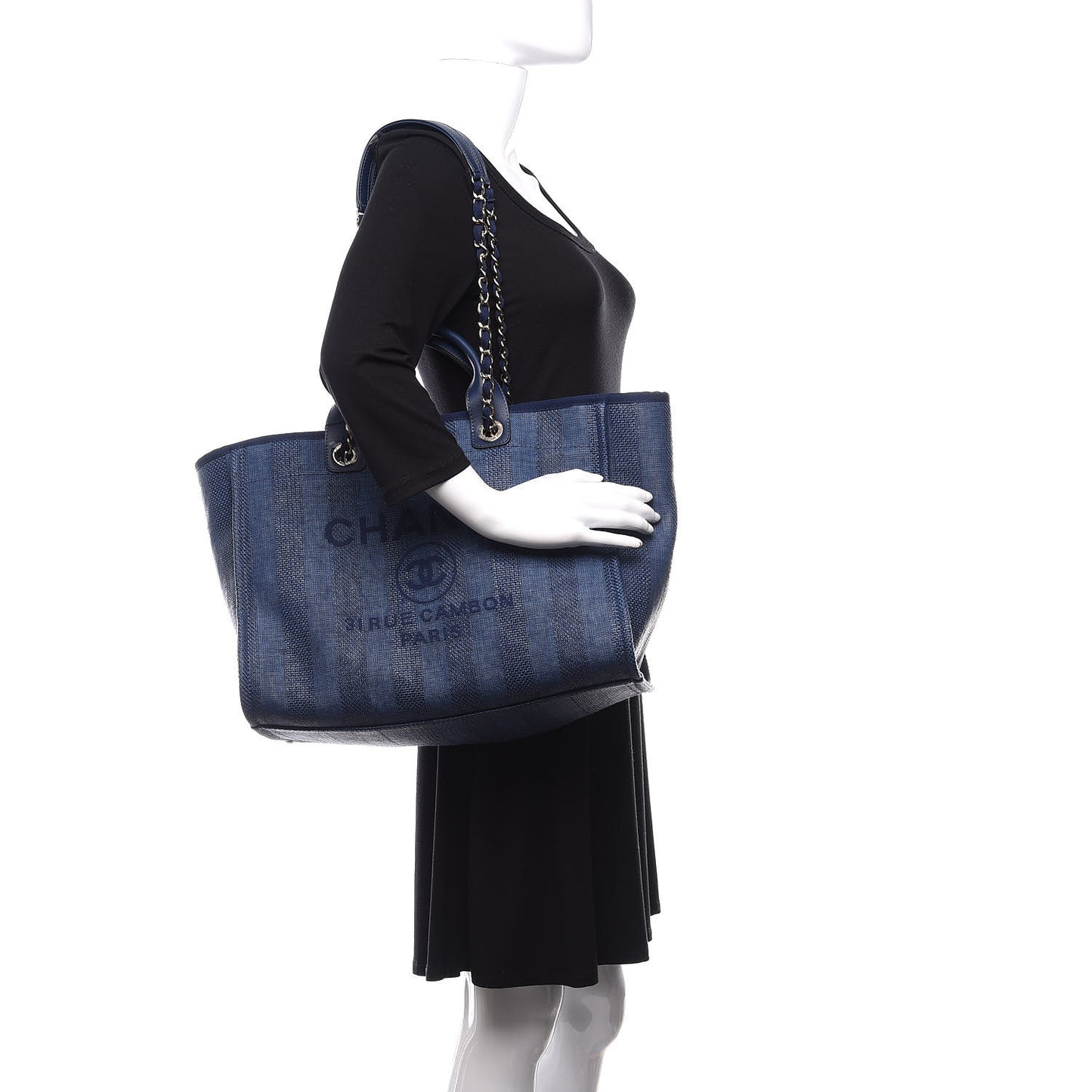 Mixed Fibers Striped Medium Deauville Tote Navy Blue